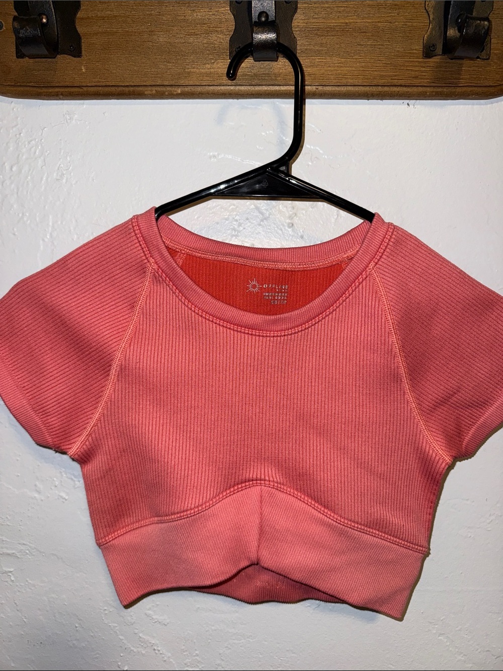 aerie Coral Pink Cropped Ribbed Short Sleeve Top